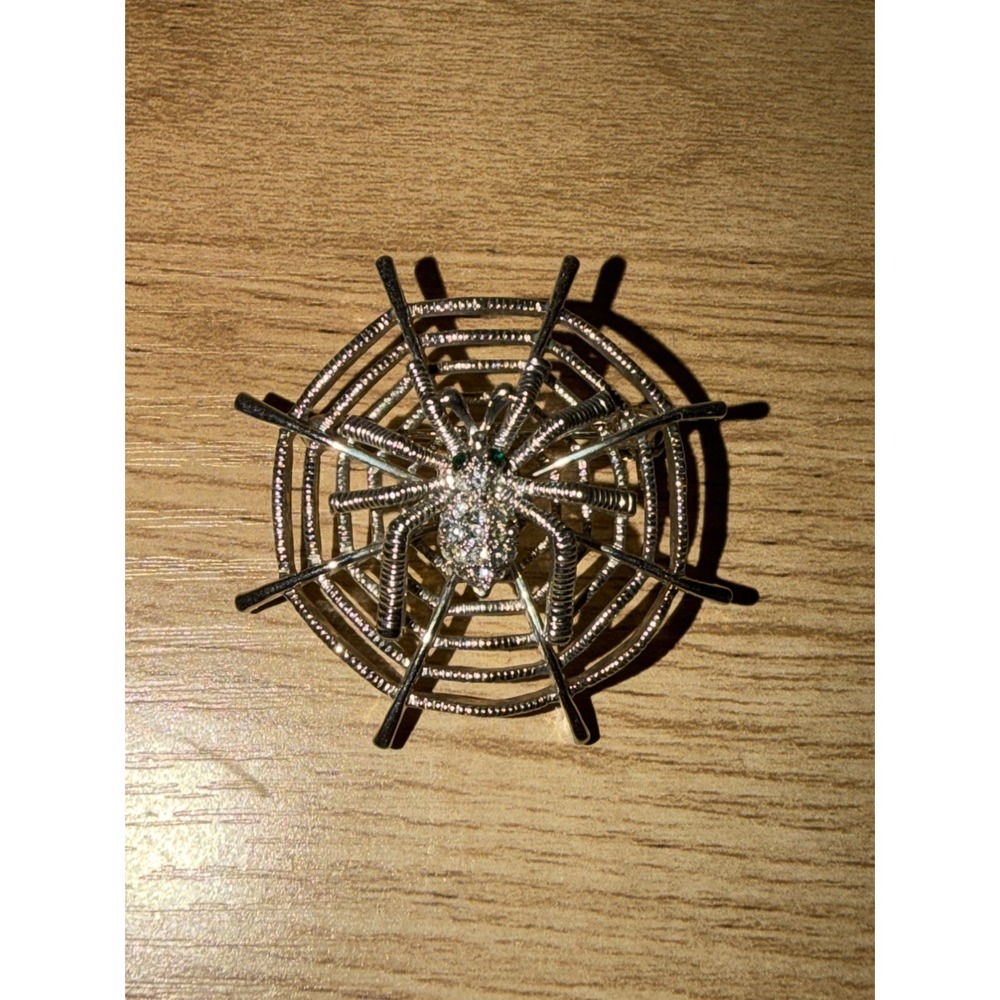 Halloween Crystal Rhinestones Spider On web Brooch Pin Silver tone Green Eyes